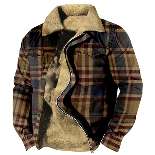 Duohropke Gefütterte Jacke Herren Kariertes Druck Fleecefutter Übergangsjacke Mit Taschen Winterjacke Mit Reißverschluss Warme Teddyfleece Jacke Cowboy Jacke Streetwear Trachtenjacke Holzfäller Jacke von Duohropke