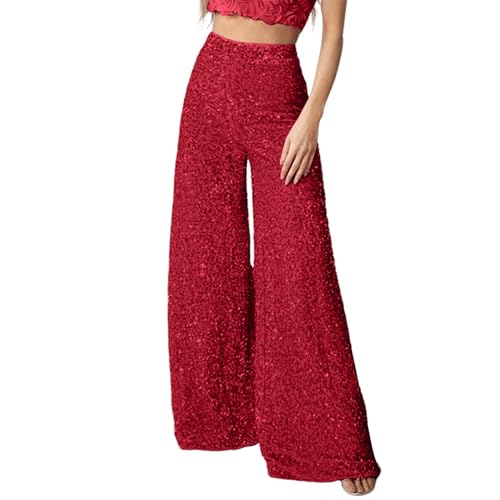 Duohropke Glitzer Hose Damen Pailletten Lange Lose Hosen High Waist Freizeithose Party Festival Club Kostüm Bling Sparkly Freizeithose Pailletten Weitbeinhosen Elegant Solide Pailettenhose von Duohropke