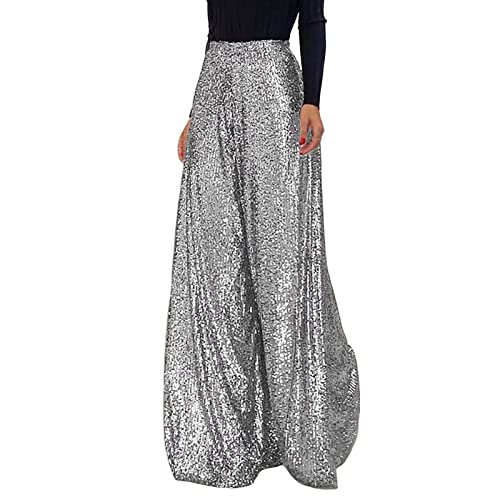 Duohropke Glitzer Hose Damen Wide Leg High Waist Hose mit Pailletten 70er Elegante Schlaghose Stretch Hosen für Club Party Fest Tanzen von Duohropke