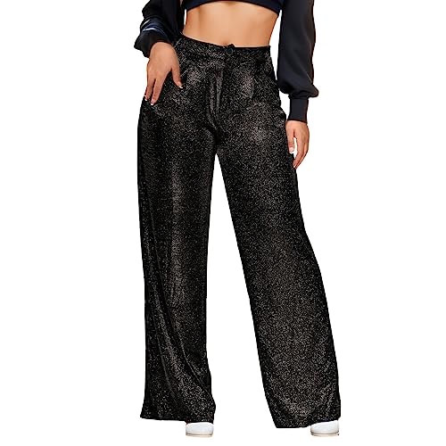 Duohropke Glitzer Hose Damen Wide Leg High Waist Hose mit Pailletten 70er Elegante Schlaghose Stretch Hosen für Club Party von Duohropke