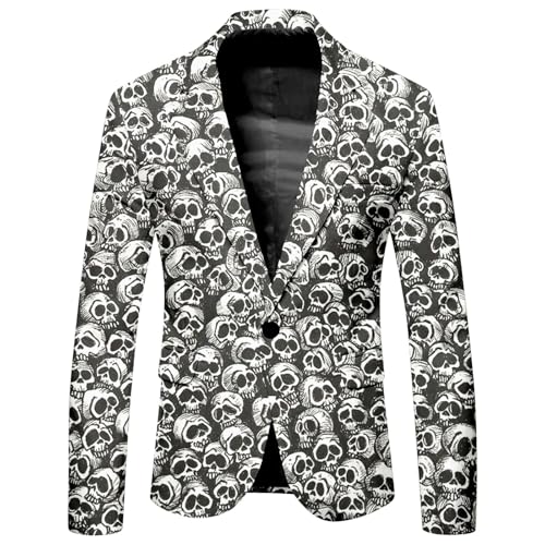 Duohropke Halloween Sakko Herren 1 Knopf Smoking Gruselig Bedruckter Herrenanzug Langarm Tuxedo Totenkopf Aufdruck Festival Outfit Horror Anzug Regular Fit Formell Business Outfit von Duohropke