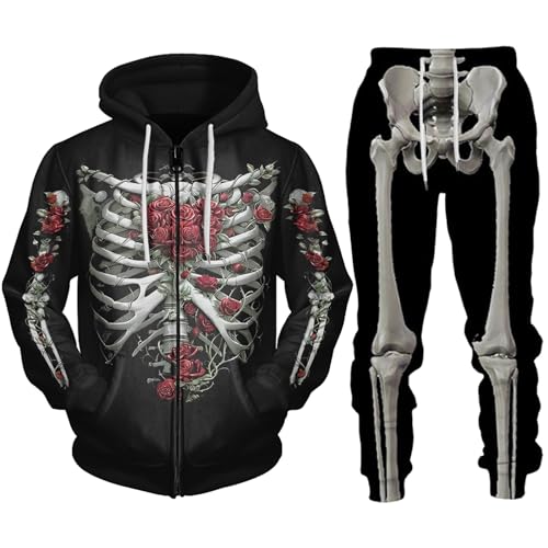 Duohropke Halloween Skelett Jogginganzug Herren Sportanzug Trainingsanzug Herren set, Freizeitanzug Fitnessanzug Männer Sport Sweatjacke Hoodie Sweatshirt + Traininghose von Duohropke