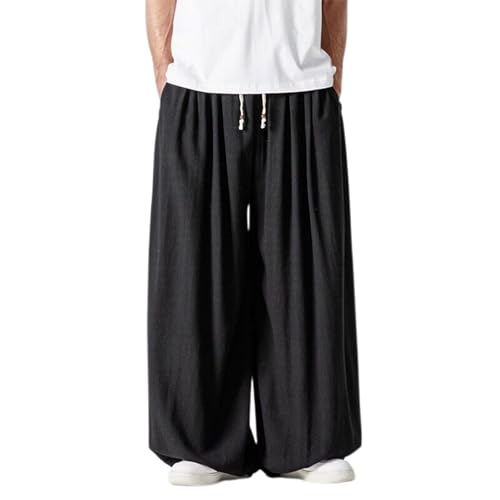 Duohropke Haremshose Herren Leinenhose mit Weitem Bein und Kordelzug Japanische Weiche Yogahose Hip Hop Baggy Trousers Vintage Sommerhose Einfarbig Freizeithose Hakama Hose Shinobu Pants von Duohropke