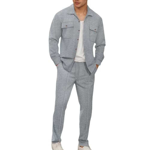 Duohropke Hausanzug Herren Waffel 2-Teilig Freizeitanzug Tracksuit Loungewear Waffelmode Lässig Doppeltasche Trainingsanzüge Langarm Knopf Strickjacke und Sporthose Set Jogginganzug Sportanzug von Duohropke