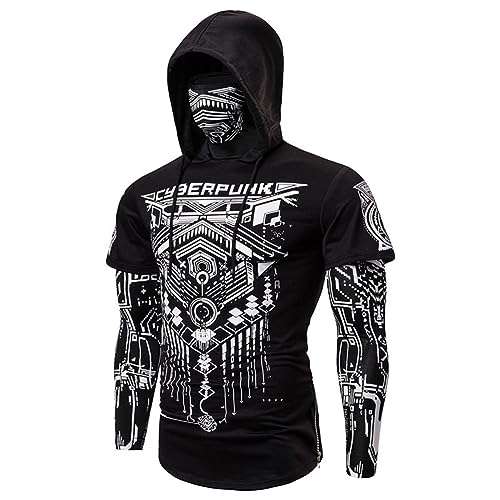 Duohropke Herren Cyberpunk Ninja Hoodie Kapuzenpullover mit Maske Kapuze Langarm Sport Slim Fit Pullover Sweatshirt Halloween Kostüme Totenkopf Biker Kapuzenshirt von Duohropke