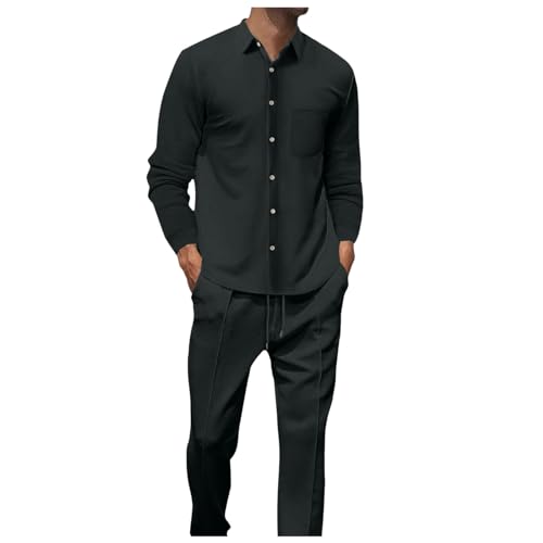 Duohropke Herren Freizeitanzug 2-Teiliges Set Langarm Shirt + Hose Set Strandanzug Revers Baumwolle Leinen Zweiteiler Jogginganzug Leicht für Männer von Duohropke