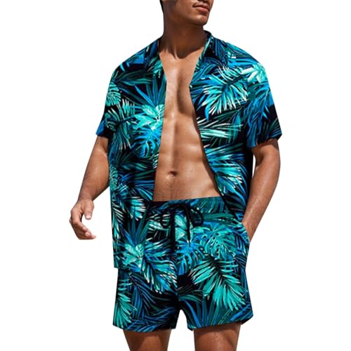 Duohropke Herren Freizeithemd Herren Shorts Strandanzug Urlaub Sommer Set Tropical Style Floral Shirt Kurz Hose Lässige Button Down Hawaii Blumenhemd Gummibund Shorts Freizeitanzug von Duohropke