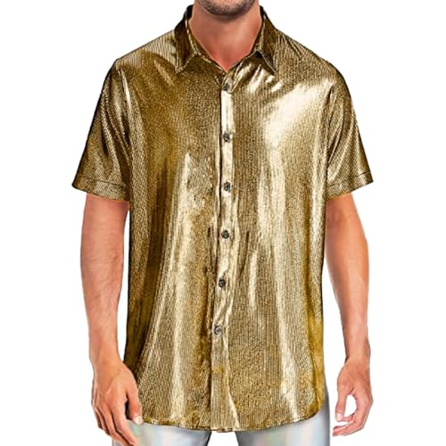 Duohropke Herren Glitzer Kurzarm Oberteil Metallic T Shirt Roundhals Muskelshirt Unterhemd 70er 80er Jahre Kostüm Disco Hemd Party Outfit von Duohropke