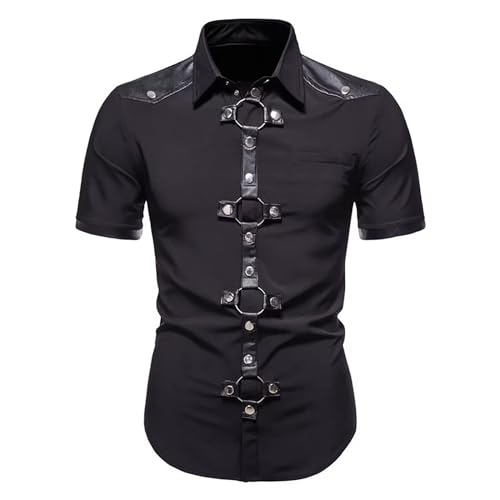 Duohropke Herren Gothic Motorrad Hemd Steampunk Niet Dekoration Lässig Top Klassisch Kurzarm Slim Fit Hemd Herren Halloween Vampir Cosplay Kostüme Schulter Leder Dekoration von Duohropke