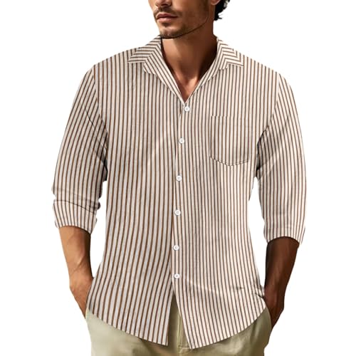 Duohropke Herren-Hemd Seersucker-Kleiderhemden Langarm Sommer Gestreift Freizeithemden Leinen Shirt Regular Fit Freizeit Strandhemd von Duohropke