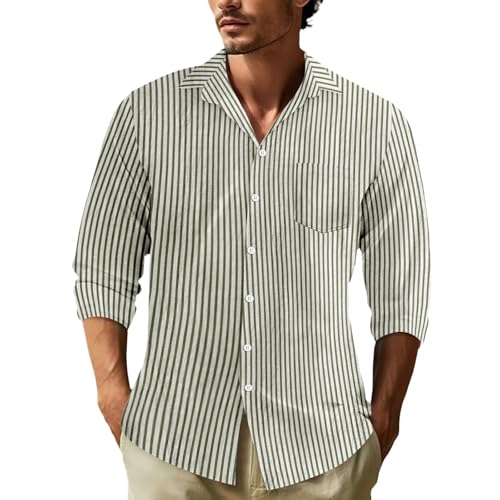 Duohropke Herren-Hemd Seersucker-Kleiderhemden Langarm Sommer Gestreift Freizeithemden Leinen Shirt Regular Fit Freizeit Strandhemd von Duohropke