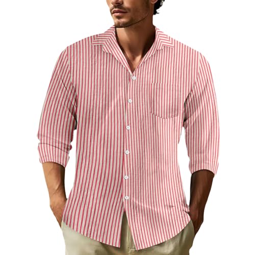 Duohropke Herren-Hemd Seersucker-Kleiderhemden Langarm Sommer Gestreift Freizeithemden Leinen Shirt Regular Fit Freizeit Strandhemd von Duohropke