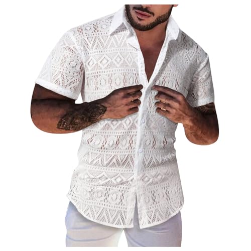 Duohropke Herren Hemd Spitze Kurzarmhemd Transparent Kurzarm Freizeithemd Männer Spitzenhemd Sommer Lässig Lace Shirt Outfit Knopf Hohl aus Sehen Durch Shirt Sommerhemden von Duohropke