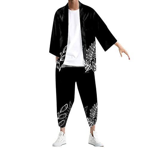 Duohropke Herren Kimono Japanisch 2 Teiliges Outfit Herren-Kimono-Soutan-Cardigan-Hemd-Hemd-Hemd-Anzug mit entspanntem, antikem Digitaldruck von Duohropke