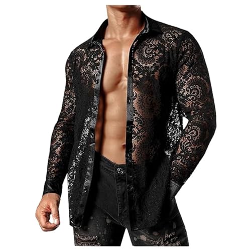 Duohropke Herren Langarmshirt Transparent Netzhemd Mesh Top Netz Shirt Hemd mit Knöpfen Sexy Erotik Unterwäsche Clubwear von Duohropke