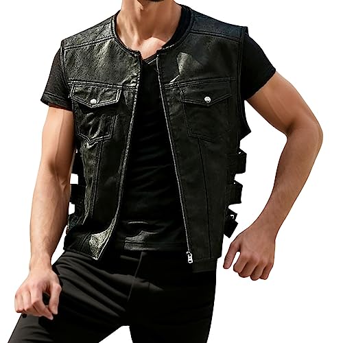 Duohropke Herren Leder Weste Lederweste Weste Gothic PU-Leder Weste Herren Steampunk Kutte Leder Biker Rocker Motorrad Clubweste Bikerweste Motorradweste Schwarz Slim Fit Herrenweste von Duohropke