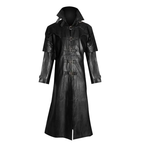 Duohropke Herren Mittelalter Ledermantel Schwarz Zweireiher Langer Mantel Steampunk Gothic Jacke Vintage Viktorianischen Cosplay Kostüm Trenchcoat Cyberpunk von Duohropke