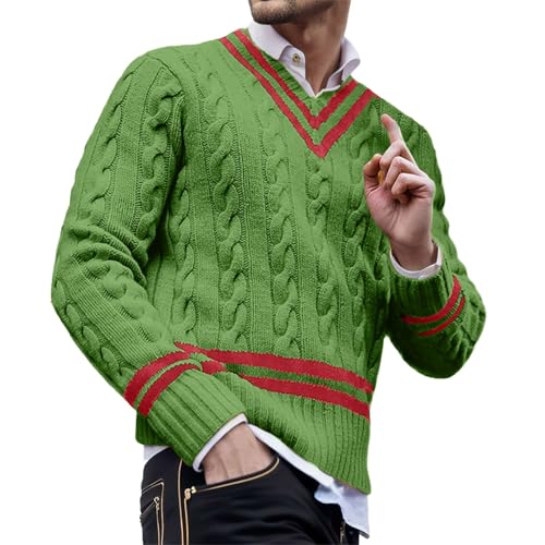 Duohropke Herren Pullover mit V-Ausschnitt Sweater für Männer Zopfmuster Strickpullover Gestreift Warme Feinstrick Rollkragenpullover Grobstrick Pulli Sweater von Duohropke