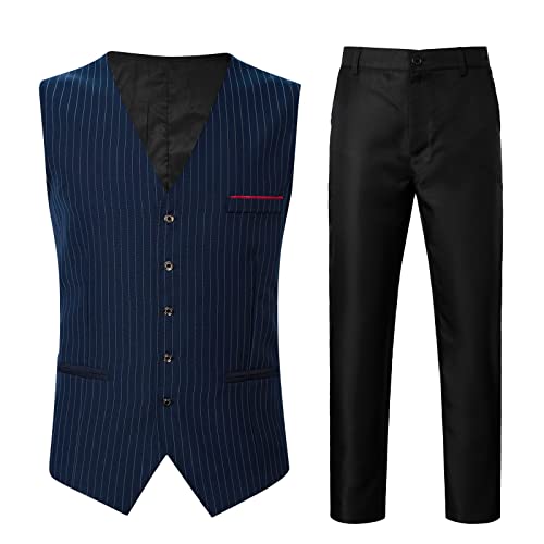 Duohropke Herren Sakko Anzug Slim Fit Herrenanzug Herren Business Formal Casual Hochzeit Bankett Weste V-Ausschnitt Gestreift Ärmellos Dünne Jacke Anzug Weste Hose Zweiteiliges Set von Duohropke