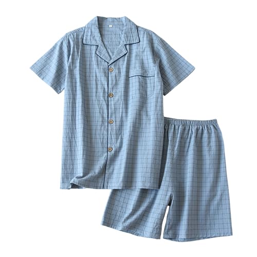 Duohropke Herren Schlafanzug Kurz Baumwolle mit Knöpfen Sommer Zweiteilig Set Kurzarm T-Shirt Pyjamahose Nightwear Set von Duohropke