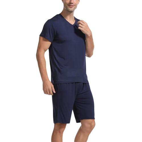 Duohropke Herren Schlafanzug Kurz Pyjama Baumwolle Kurzarm T-Shirt Pyjamahose Zweiteilig Set von Duohropke