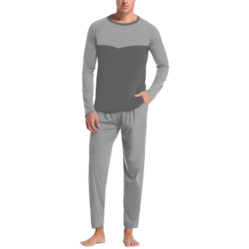 Duohropke Herren Schlafanzug Lang Zweiteiliger Pyjamaset Herren Schlafanzug Lang Pyjama Langarm Shirt Pyjamahose mit Tasche Pyjama Set Zweiteiliger Nachtwäsche Langarm Shirt von Duohropke