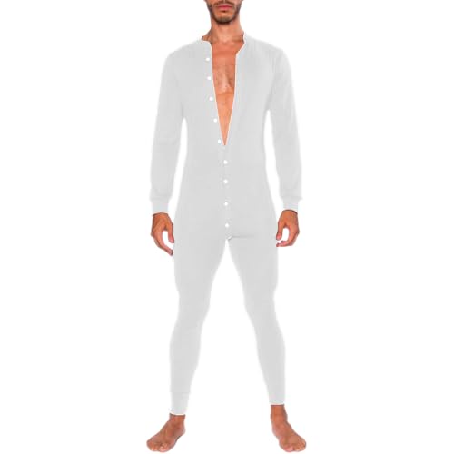 Duohropke Herren Schlafanzug Langarm Strampelanzug Schlafoverall Jumpsuit Onesie Overall Nachtwäsche Einteiler Pyjama Schlafanzug Trainingsanzug Ganzkörperanzug Hausanzug von Duohropke