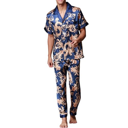 Duohropke Herren Schlafanzug Pyjama Set Nachtwäsche Satin Lang Zweiteiliger Langarm Ärmel Knopfleiste Hausanzug Pyjamahose Seide Männer Loungewear von Duohropke