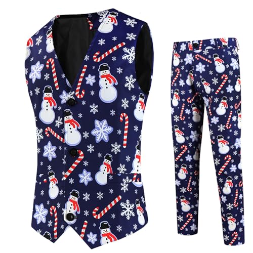 Duohropke Herren Weihnachtsanzug 2Teilig Weihnachtsweste Slim Fit Button Verschiedene Weihnachtsmotiv Formal Weihnachten Sakko Blazer Weste Hose Weste Kostüm Partyanzug von Duohropke