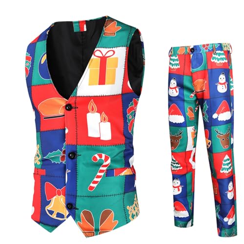 Duohropke Herren Weihnachtsanzug 2Teilig Weihnachtsweste Slim Fit Button Verschiedene Weihnachtsmotiv Formal Weihnachten Sakko Blazer Weste Hose Weste Kostüm Partyanzug von Duohropke