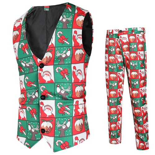 Duohropke Herren Weihnachtsanzug 2Teilig Weihnachtsweste Slim Fit Button Verschiedene Weihnachtsmotiv Formal Weihnachten Sakko Blazer Weste Hose Weste Kostüm Partyanzug von Duohropke