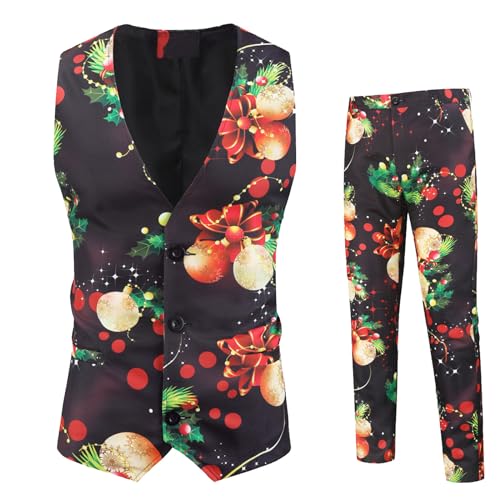 Duohropke Herren Weihnachtsanzug 2Teilig Weihnachtsweste Slim Fit Button Verschiedene Weihnachtsmotiv Formal Weihnachten Sakko Blazer Weste Hose Weste Kostüm Partyanzug von Duohropke