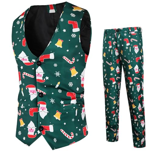 Duohropke Herren Weihnachtsanzug 2Teilig Weihnachtsweste Slim Fit Button Verschiedene Weihnachtsmotiv Formal Weihnachten Sakko Blazer Weste Hose Weste Kostüm Partyanzug von Duohropke