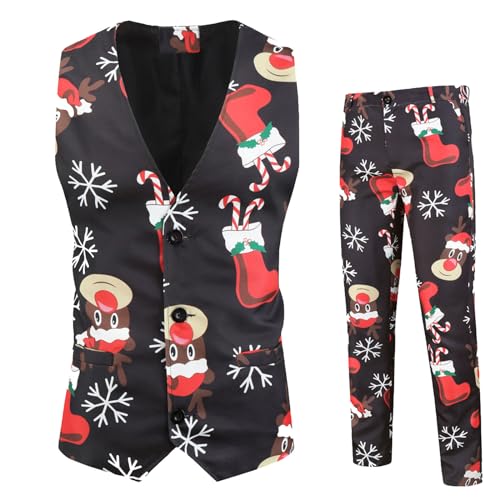 Duohropke Herren Weihnachtsanzug 2Teilig Weihnachtsweste Slim Fit Button Verschiedene Weihnachtsmotiv Formal Weihnachten Sakko Blazer Weste Hose Weste Kostüm Partyanzug von Duohropke