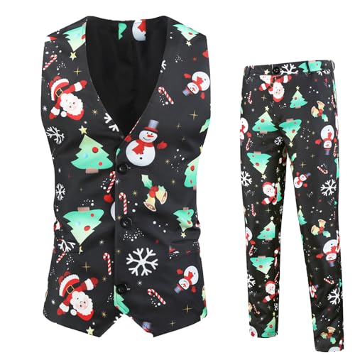 Duohropke Herren Weihnachtsanzug 2Teilig Weihnachtsweste Slim Fit Button Verschiedene Weihnachtsmotiv Formal Weihnachten Sakko Blazer Weste Hose Weste Kostüm Partyanzug von Duohropke