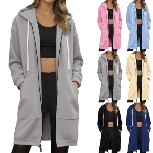 Duohropke Hoodie Damen Oversized Sweatjacke Einfarbig Zip up Kapuzenpullover mit Taschen und Kordelzug Lang Herbst Winter Übergangsjacke Jacke Strickjacke Sweatshirt Casual Sportjacke von Duohropke