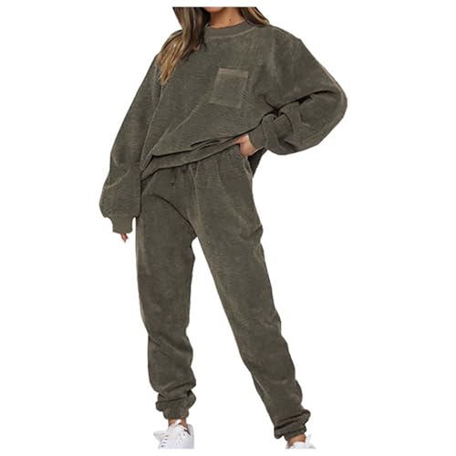Duohropke Hosenanzug Damen Cord 2 Teiliger Trainingsanzug Jogginganzug Herbst Winter Flauschige Freizeitkleidung Set Rundhals Sweatshirt Oberteile Einfarbig Plüsche Hose Sweatanzug Sportanzug von Duohropke