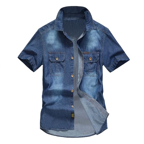 Duohropke Jeanshemd Herren Kurzarm Freizeithemden Für Herren Button Down Kurzarmhemd Mit Taschen Slim Fit Herrenhemden Cowboy Denim Shirt Blau Hemd Vintage Western Hemd Arbeitshemden von Duohropke