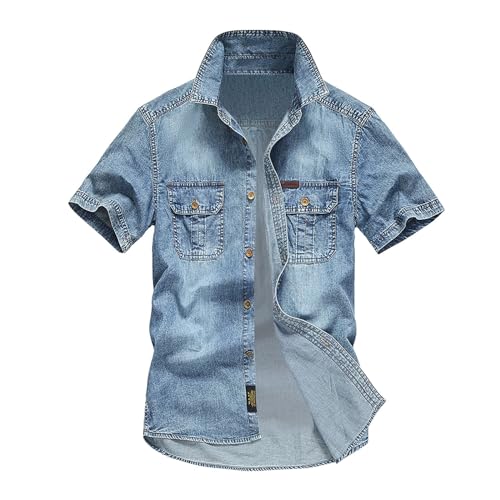 Duohropke Jeanshemd Herren Kurzarm Sommerhemd Denim Hemd Kurzarm Druckknöpfen Jeans Hemden für Männer Hellblau Dunkelgrau Regular Fit Used Look Slim Fit Freizeithemd Kurzarmhemd von Duohropke