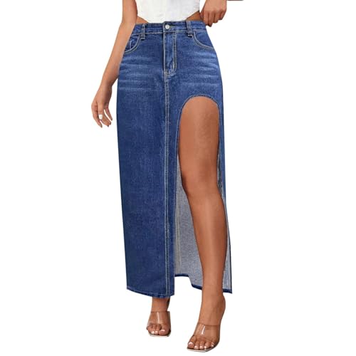 Duohropke Jeansrock Damen Vintage Sommerrock High Waist Y2K Lang Jeansrock mit Vorderem Schlitz Denim Freizeitrock Midirock A-Linie Mit Tasche von Duohropke