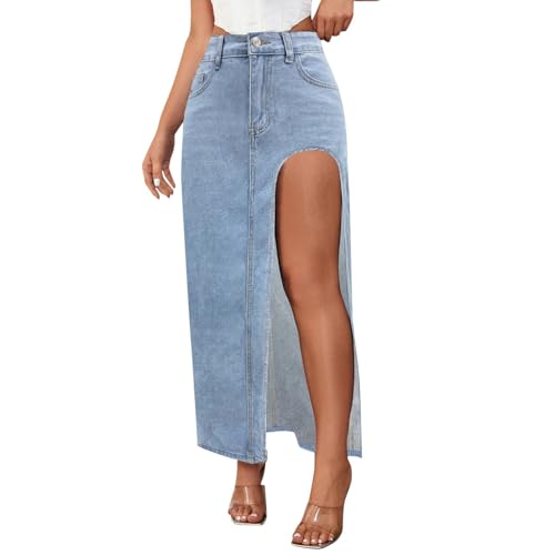 Duohropke Jeansrock Damen Vintage Sommerrock High Waist Y2K Lang Jeansrock mit Vorderem Schlitz Denim Freizeitrock Midirock A-Linie Mit Tasche von Duohropke
