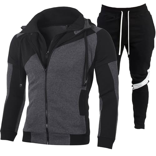 Duohropke Jogginganzug Herren Langarm Patchwork Jacke mit Kapuze Reißverschluss und Kordelzug Jogginghose Trainingsanzug 2-teiliger Sportanzug Freizeitanzug Zip Sweatshirt Hoodie Streetwear von Duohropke