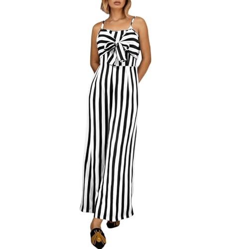 Duohropke Jumpsuit Damen Lange Playsuit mit Schleife Arbeitshose Streifen Romper Sommer Halfter Overall Armellos Einteiler Elegant Hosenanzug Tank Top Jogginganzug Strampler Spielanzug von Duohropke
