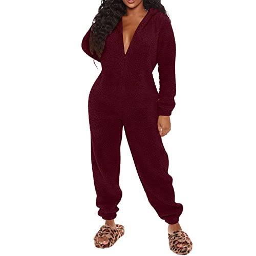 Duohropke Jumpsuit Damen Winter Warm Overall Teddy Fleece Einteiler Onesie Schlafanzug Kuschelig Lang Pyjama Flauschig Weich Hausanzug Einfarbig Schlafoverall mit Kapuze Reißverschluss Homewear von Duohropke