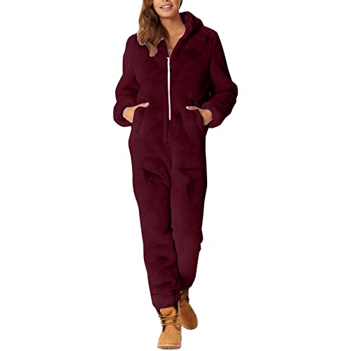 Duohropke Jumpsuit Damen Winter Warm Sherpa-Hoodie Schlafanzug Winter Fleece Einteiler Overall Teddy Fleece Einteiler Overall Flauschig und Kuschelig Hausanzug One Piece Schlafoveralls von Duohropke