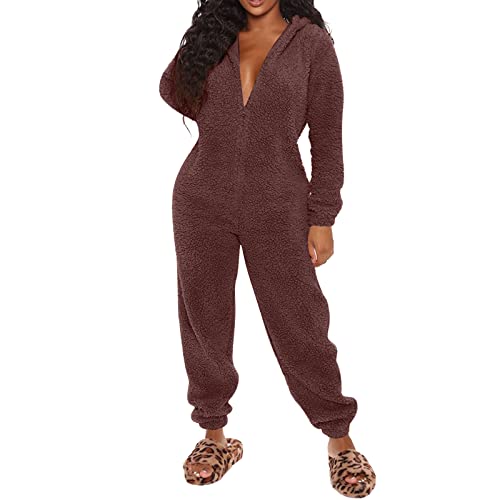 Duohropke Jumpsuit Teddy Fleece Damen Onesie Overall Einteiler Pyjama Winter Fleece Einteiler Overall Kuschelig und Warm Ganzkörperanzug Overall Warm Loungewear Frauen Flanell Sleepwear von Duohropke