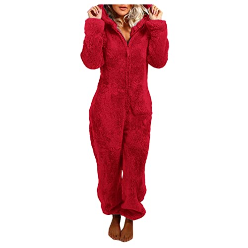 Duohropke Jumpsuit Winter Fleece Damen Onesie Overall Einteiler Pyjama Schlafanzug Pyjama Kurze Schlafanzug Overall Ganzkörperanzug Einteiler Nachtwäsche Hausanzug Cosplay Halloween Kostüm von Duohropke