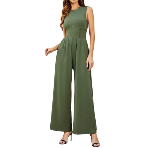 Duohropke Jumpsuits Für Damen Sommer Ärmellos Rundhals Overall Weites Bein Romper Casual Baggy Playsuit Elegant Lang Hosenanzug Kuschelig Onesie mit Taschen von Duohropke