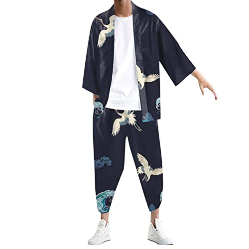 Kimono Set Herren Japanisch Mehrfarbig Druck Lose Cardigan Sommer 3/4 Hülse Kimono Kurzarm Funky Bunte National Print Japanische Bademäntel Baggy Nachthemd Strandhemd T-Shirt Set von Duohropke