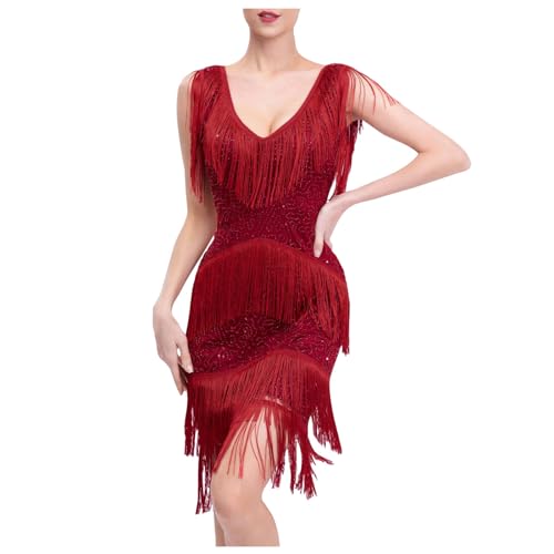 Duohropke Kleider Damen Fransen Quaste Prom Mini Strap Kleid Elegant Einfarbige Lateinisches Tanzkleid ärmellos Quadratischer Kragen V-Ausschnitt Schlupfkleid von Duohropke